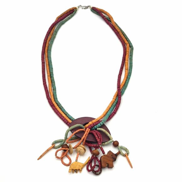 Elephant Giraffe Green Orange Red Wood Beads Fetish Necklace Boho Chic Festival - Picture 3 of 9